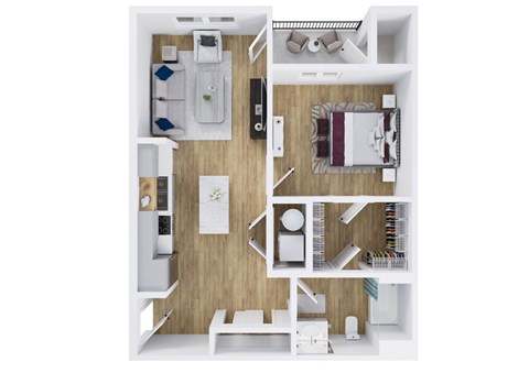 A top-down view of a small, neatly organized apartment with a kitchen, living room, and bedroom.
